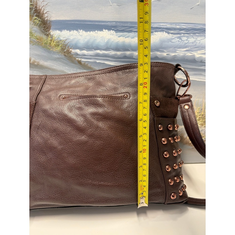 B. Makowsky Brown Leather Studded Crossbody Bag Rose Gold Hardware Pocket - Picture 7 of 12